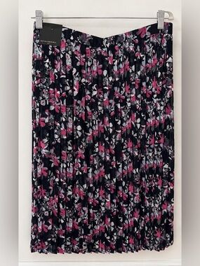 Banana Republic Navy Pleated Floral Midi Skirt with Pink & Gray Accents